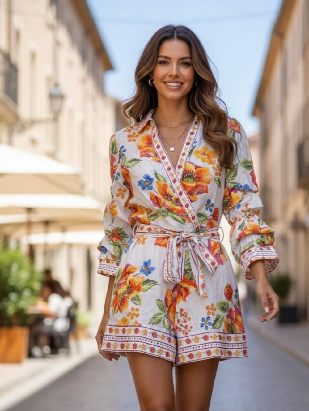 White Floral Wrap Romper with Orange & Blue Blooms